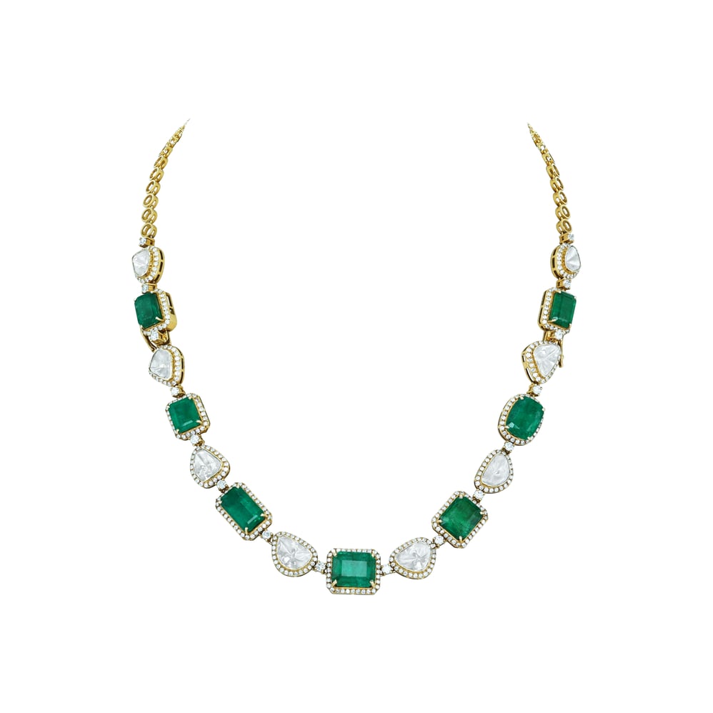 Convertible Polki Emerald Necklace-Bracelet with Diamond Halo