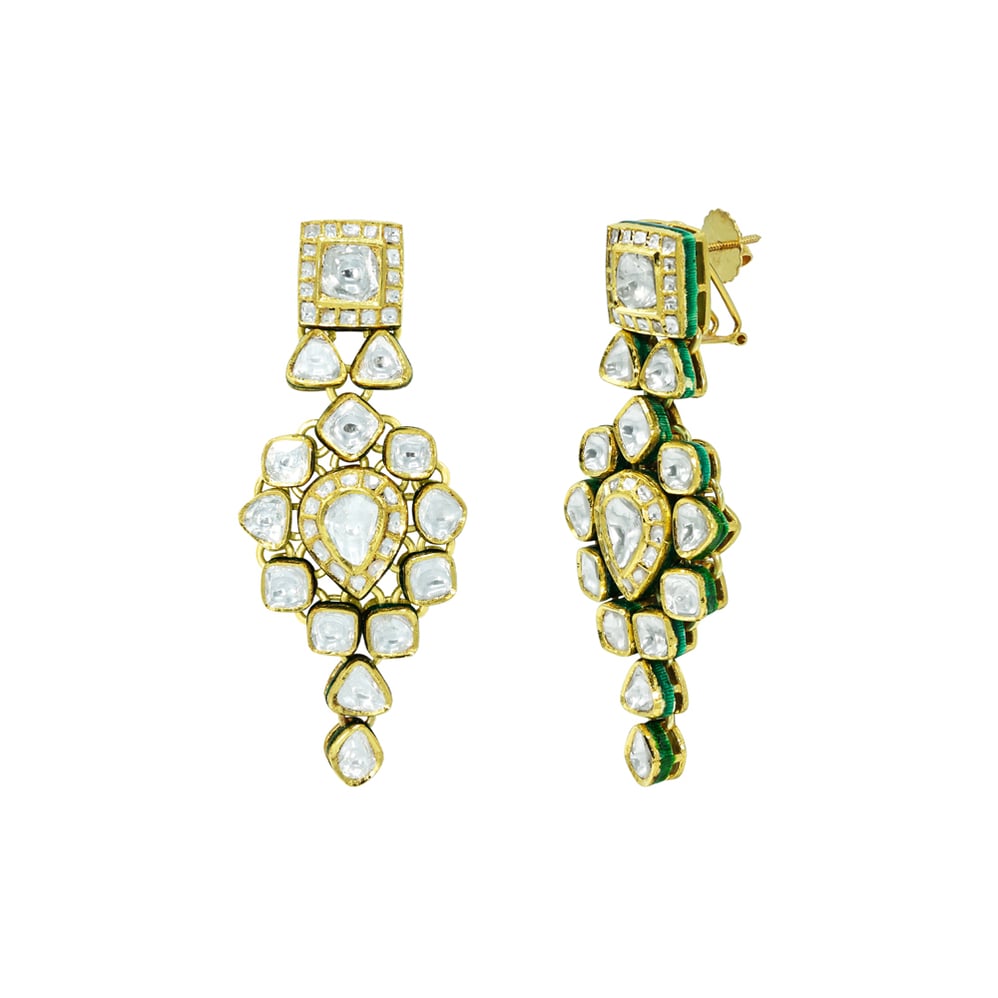 Gold Dangling Earrings with Pear-Shaped Polki Center