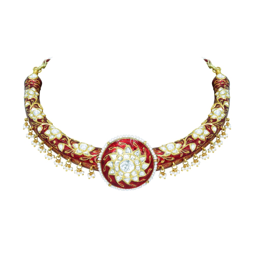 Regal Polki Hasli Necklace with Red Enamel and Pearl Beads