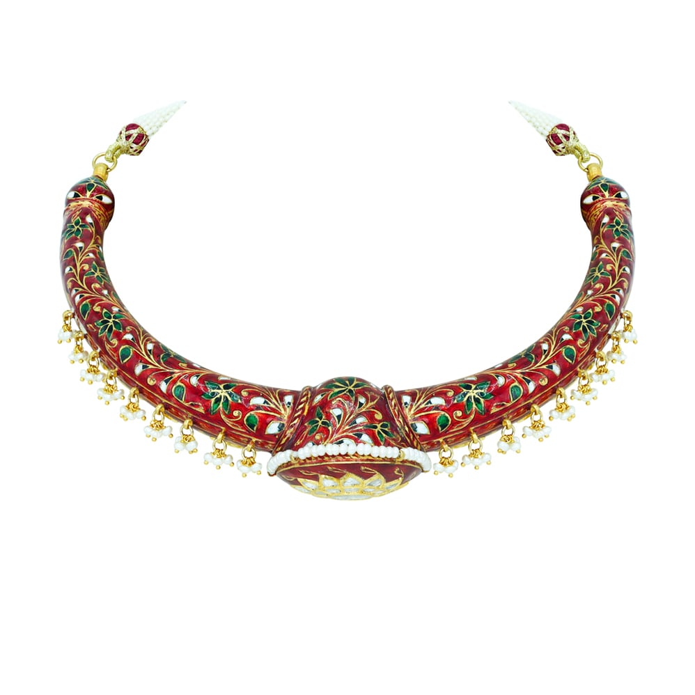 Regal Polki Hasli Necklace with Red Enamel and Pearl Beads