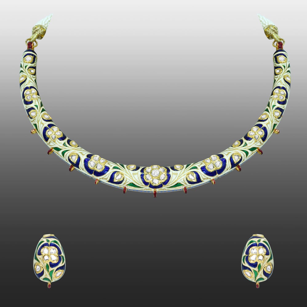 Blue Enamel Hasli Necklace Set with Polkis and Green Accents