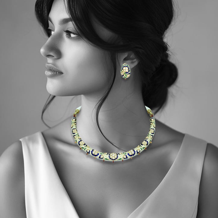 Blue Enamel Hasli Necklace Set with Polkis and Green Accents