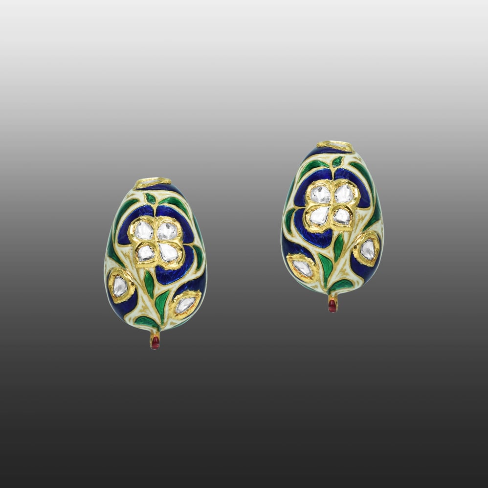 Blue Enamel Hasli Necklace Set with Polkis and Green Accents