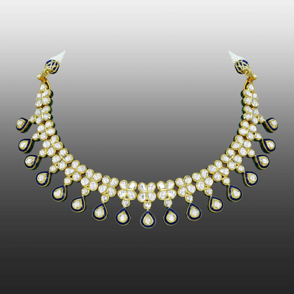 Polki Necklace with Blue Enamel and Drop Detailing