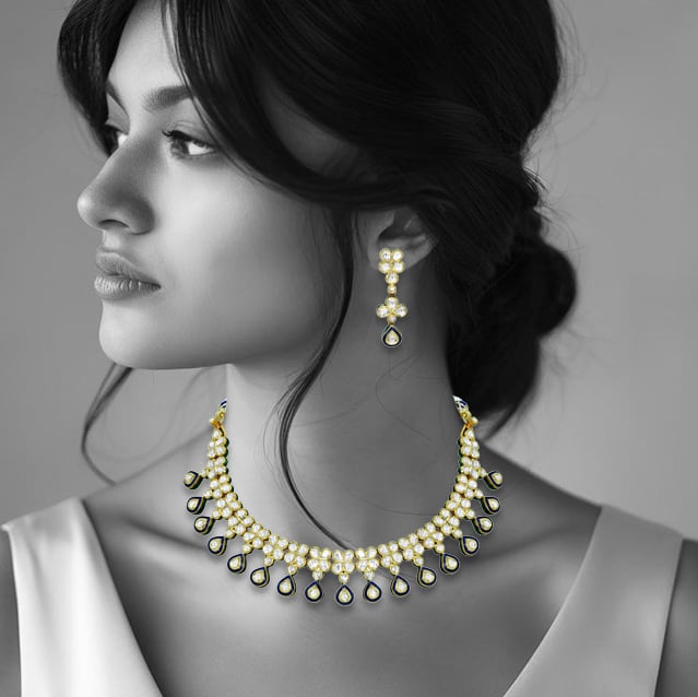 Polki Necklace with Blue Enamel and Drop Detailing