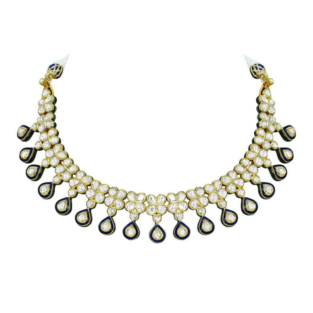 Polki Necklace with Blue Enamel and Drop Detailing