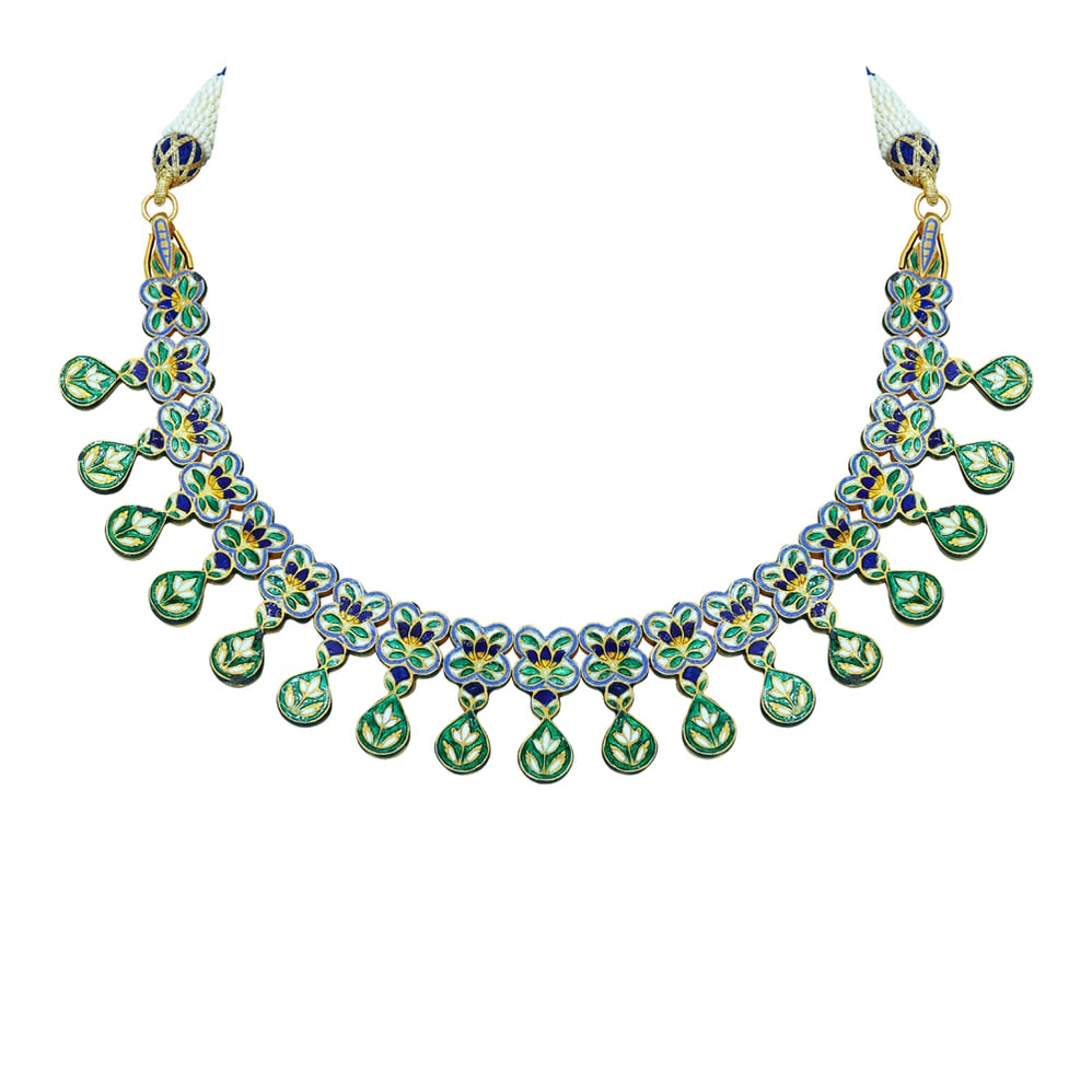 Polki Necklace with Blue Enamel and Drop Detailing