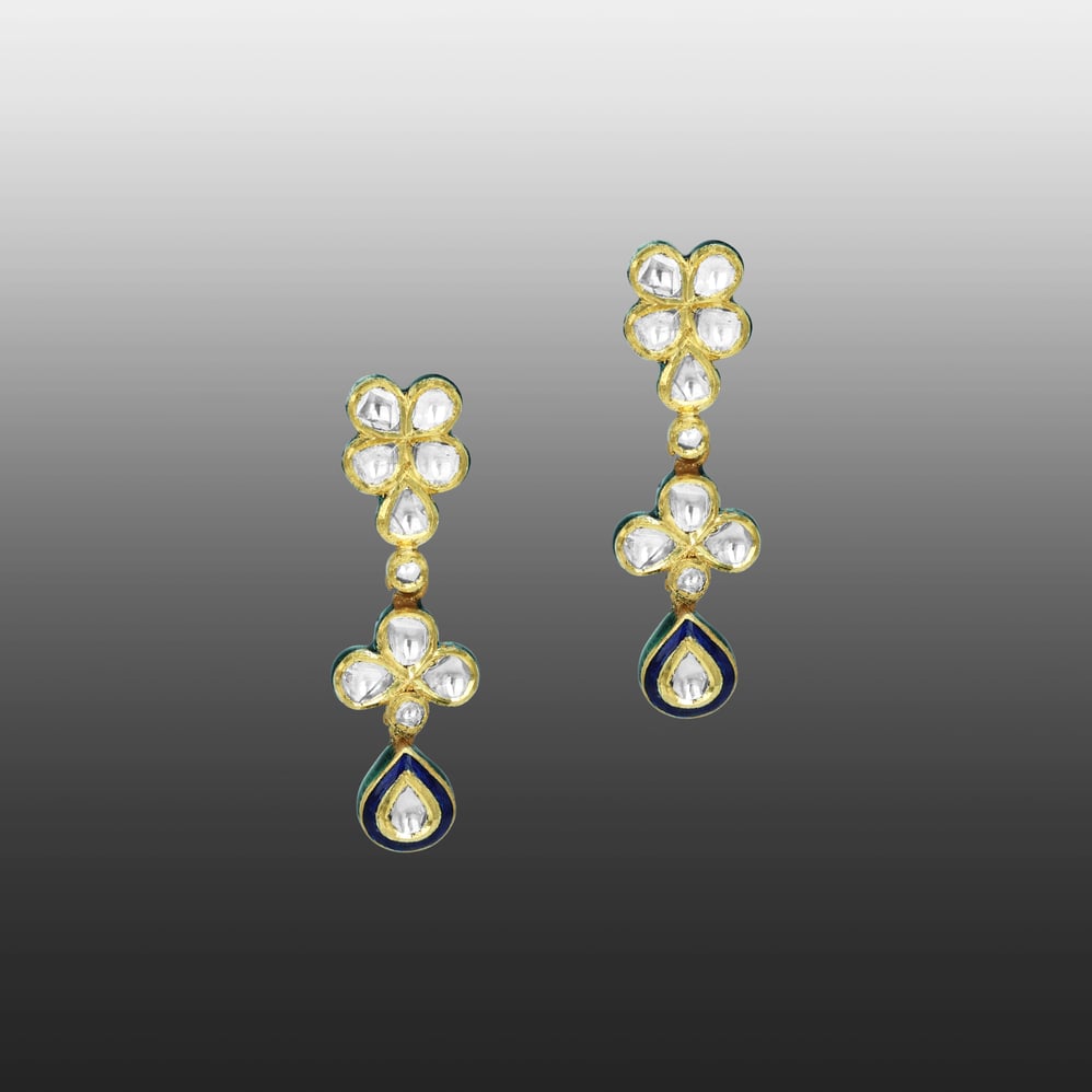 Floral Polki Earrings with Blue Enamel Drops