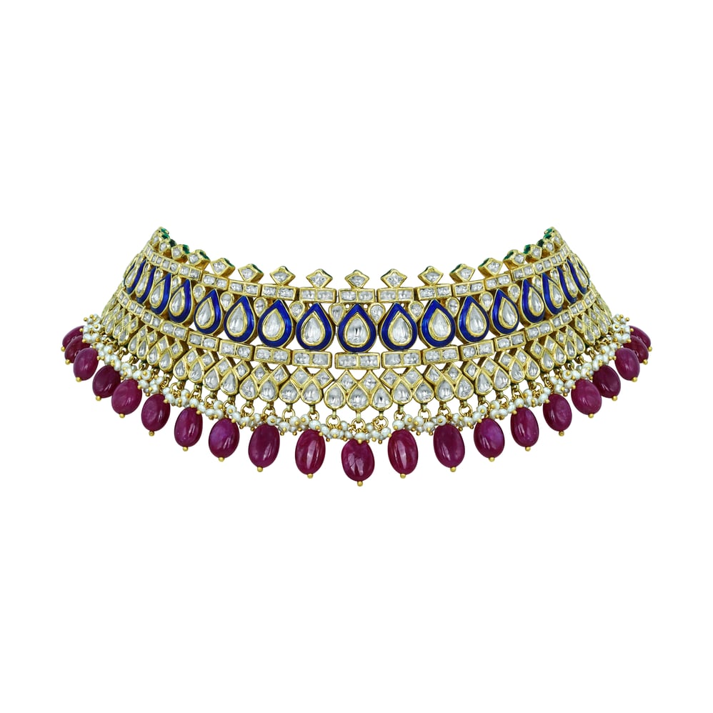 Regal Polki Choker with Blue Enamel and Ruby Tumbles