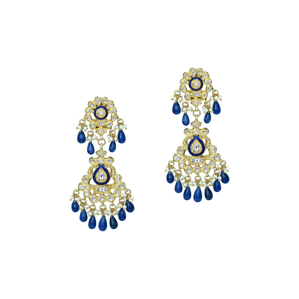 Blue Enamel Polki Earrings with Blue Drops