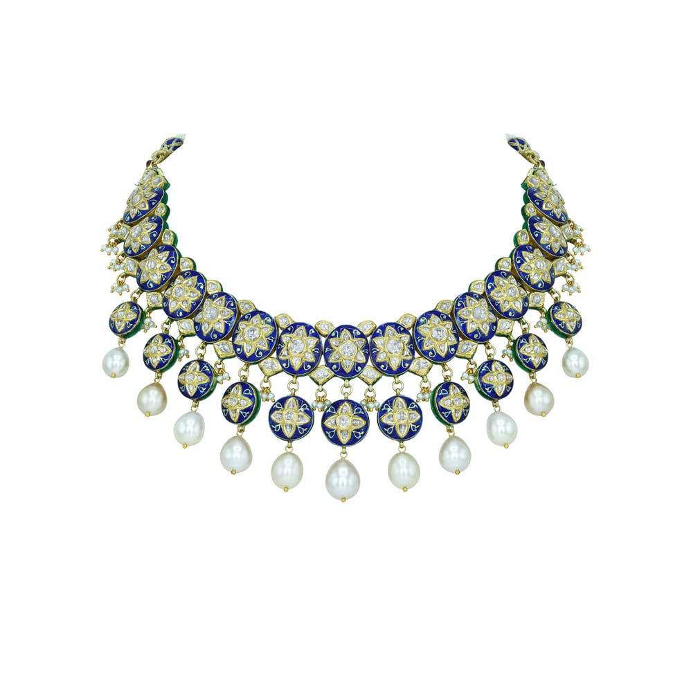 Pearl-Draped Polki Necklace with Blue Enamel Floral Motifs