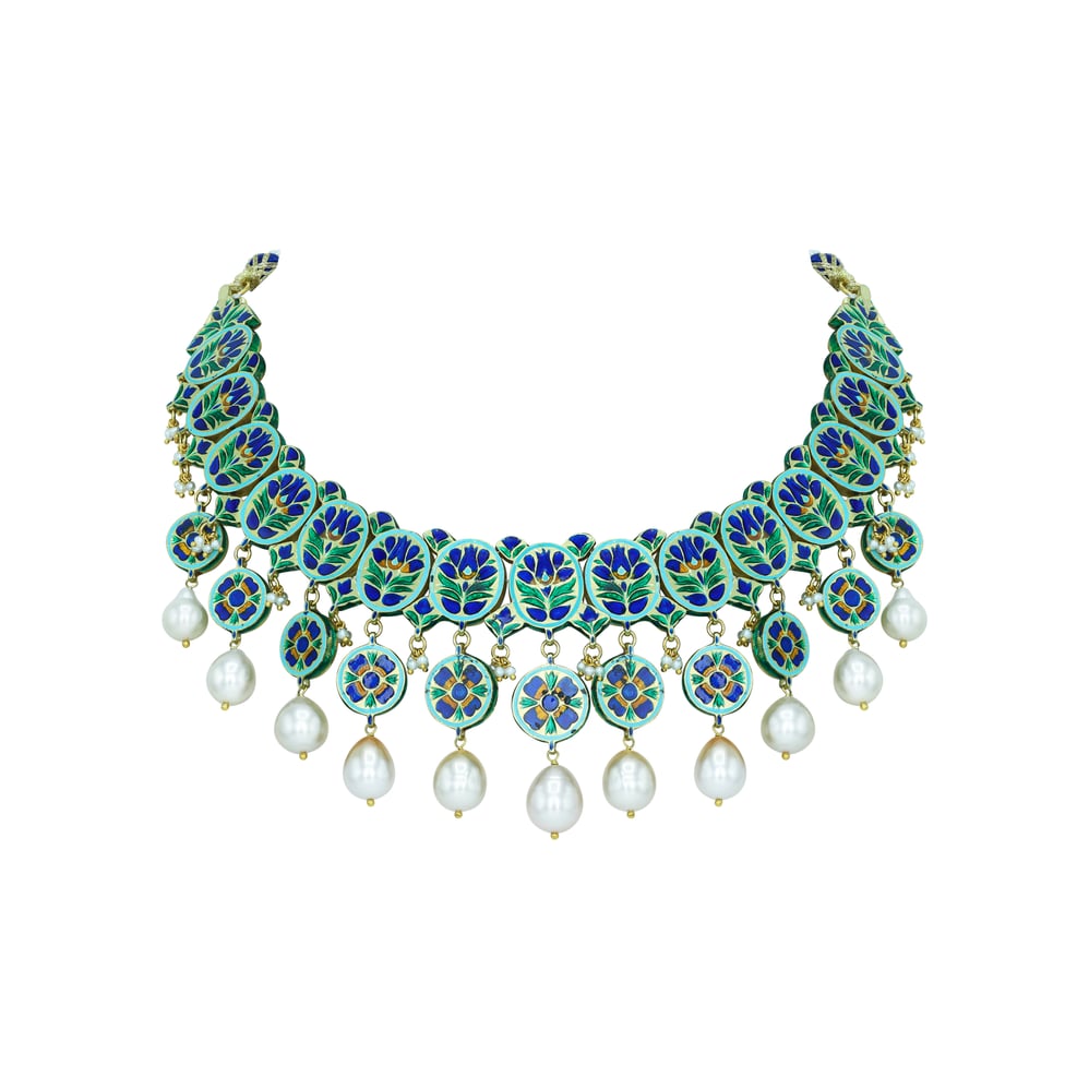 Pearl-Draped Polki Necklace with Blue Enamel Floral Motifs
