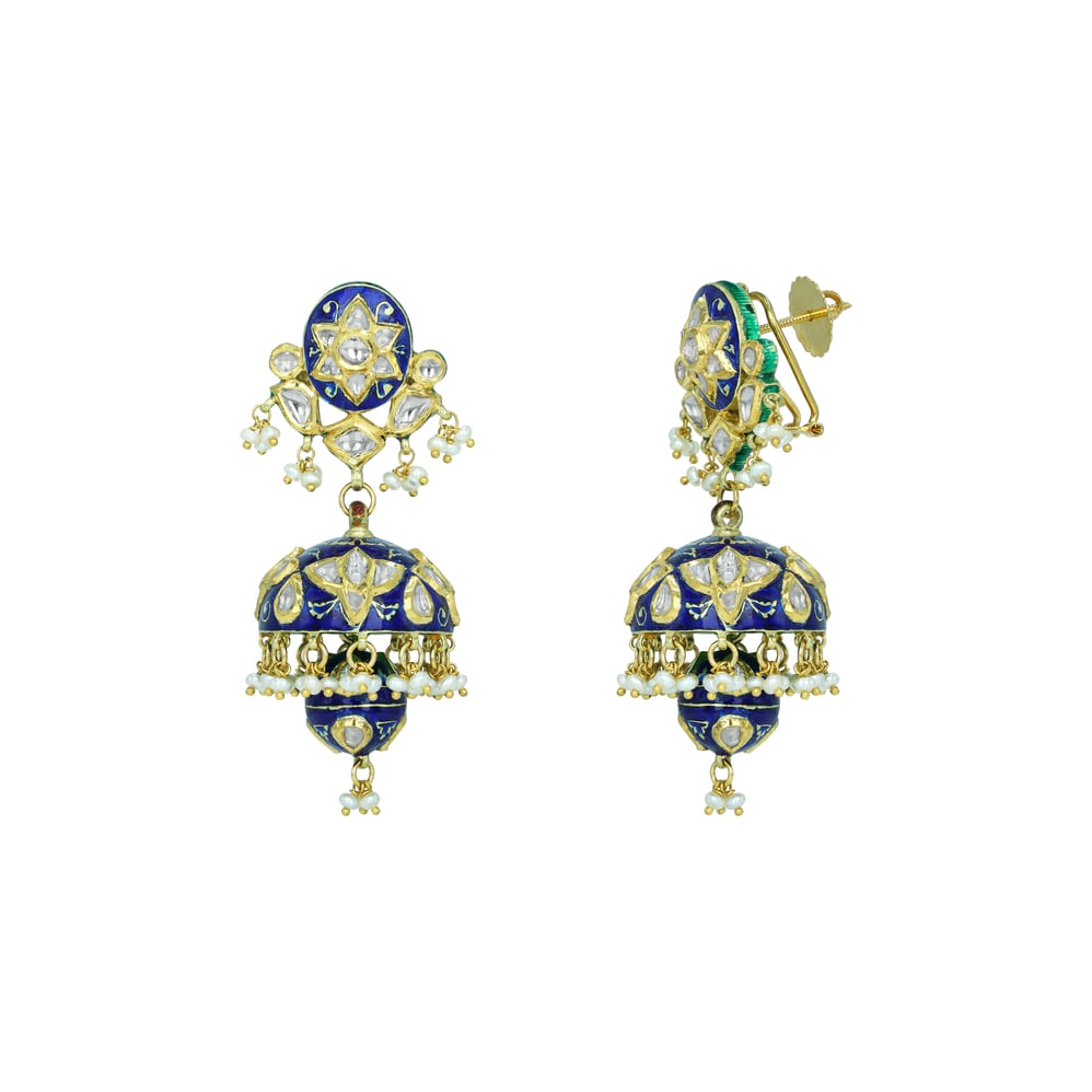 Polki Jhumki Earrings with Blue Enamel and Pearl Drops
