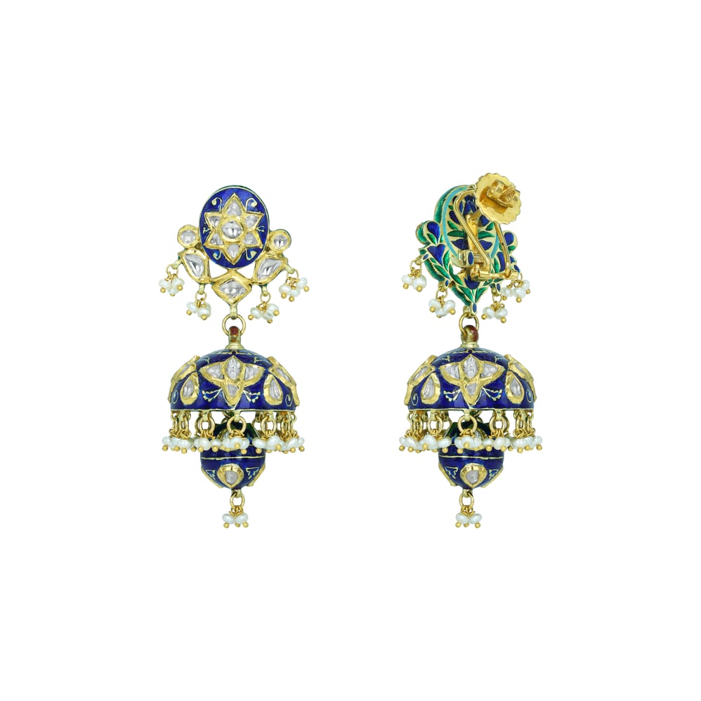 Polki Jhumki Earrings with Blue Enamel and Pearl Drops