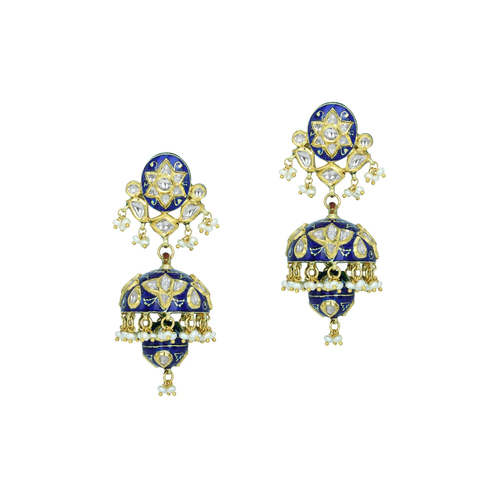 Polki Jhumki Earrings with Blue Enamel and Pearl Drops