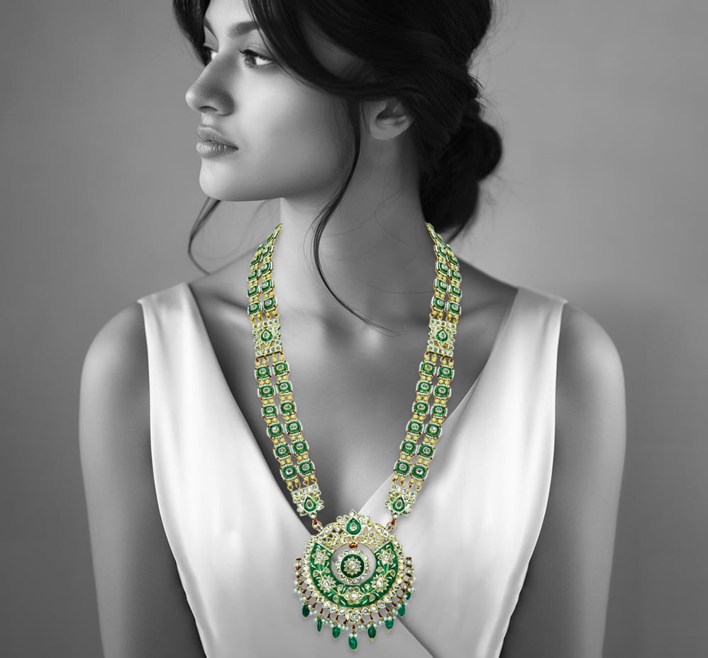 Green Enamel Polki Pendant with Emerald and Pearls