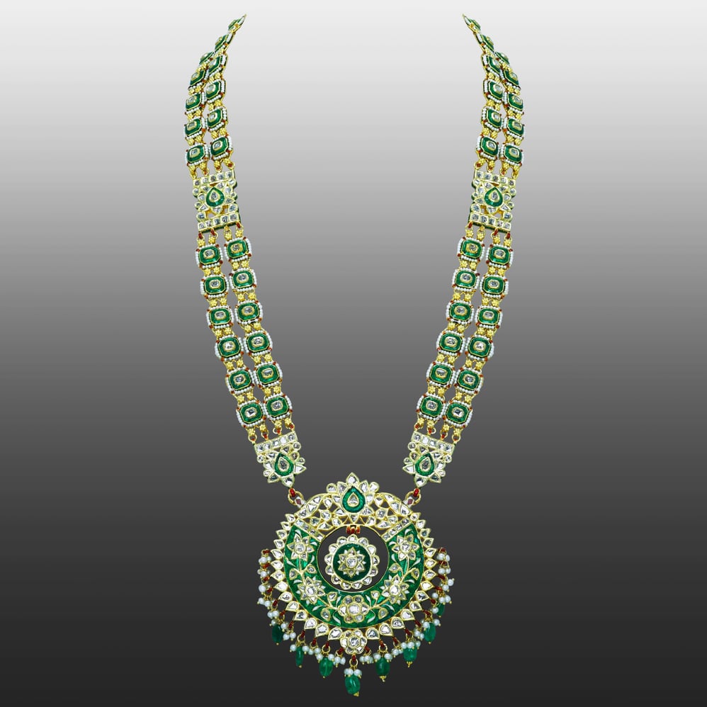 Green Enamel Polki Pendant with Emerald and Pearls