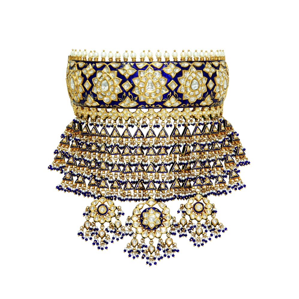 Aad Choker with Polki, Blue Meenakari, Pearls, and Beads