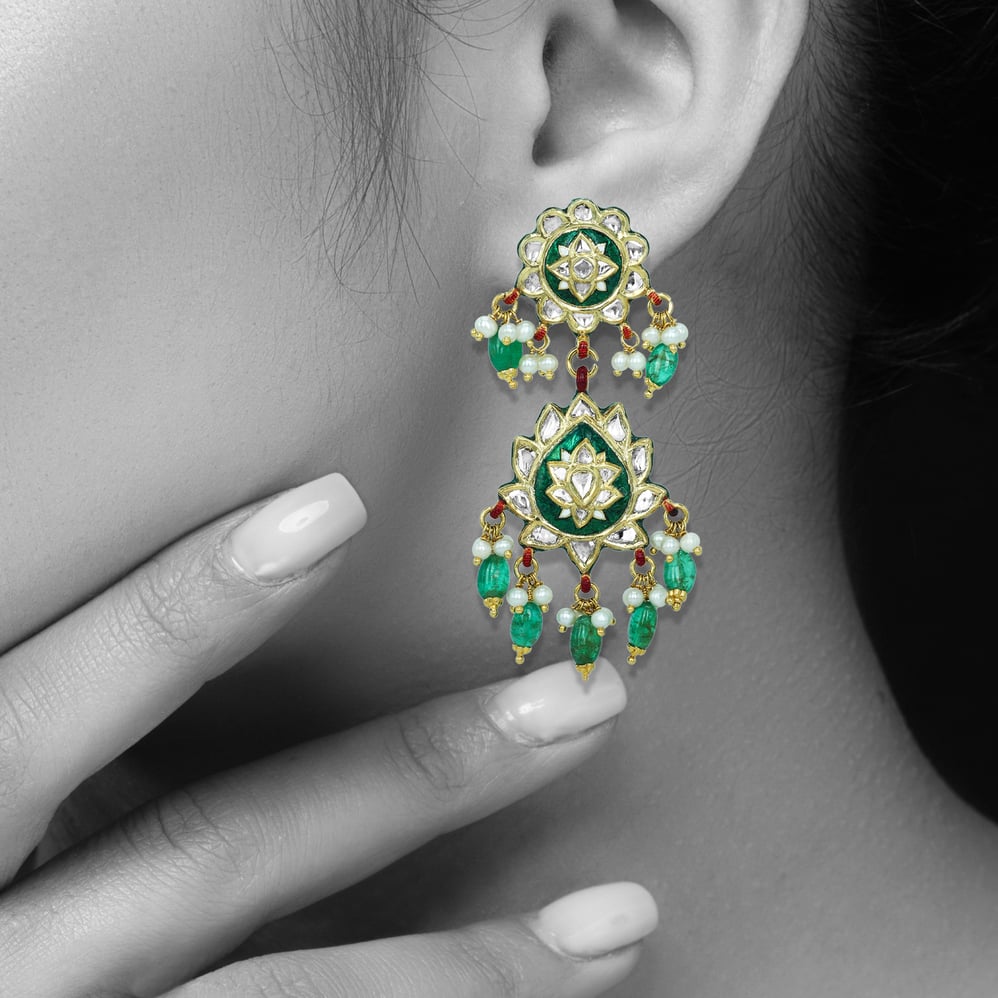 Polki Earrings with Emerald Drops and Green Enamel