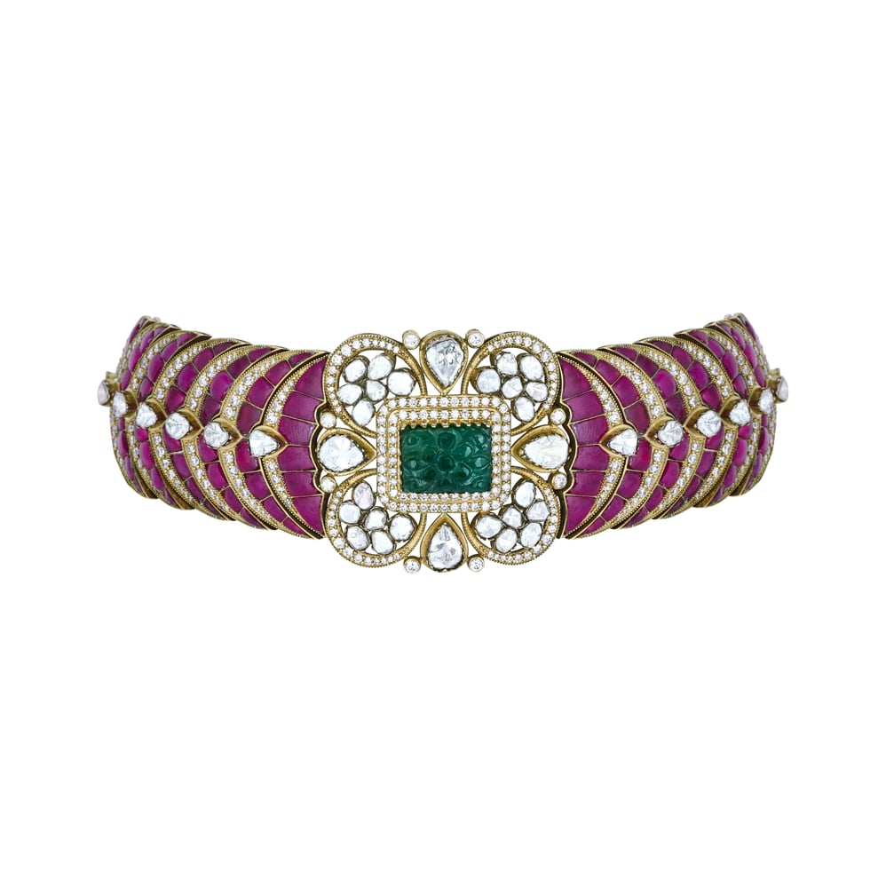 Emerald Ruby Antique Choker with Polki Open Setting