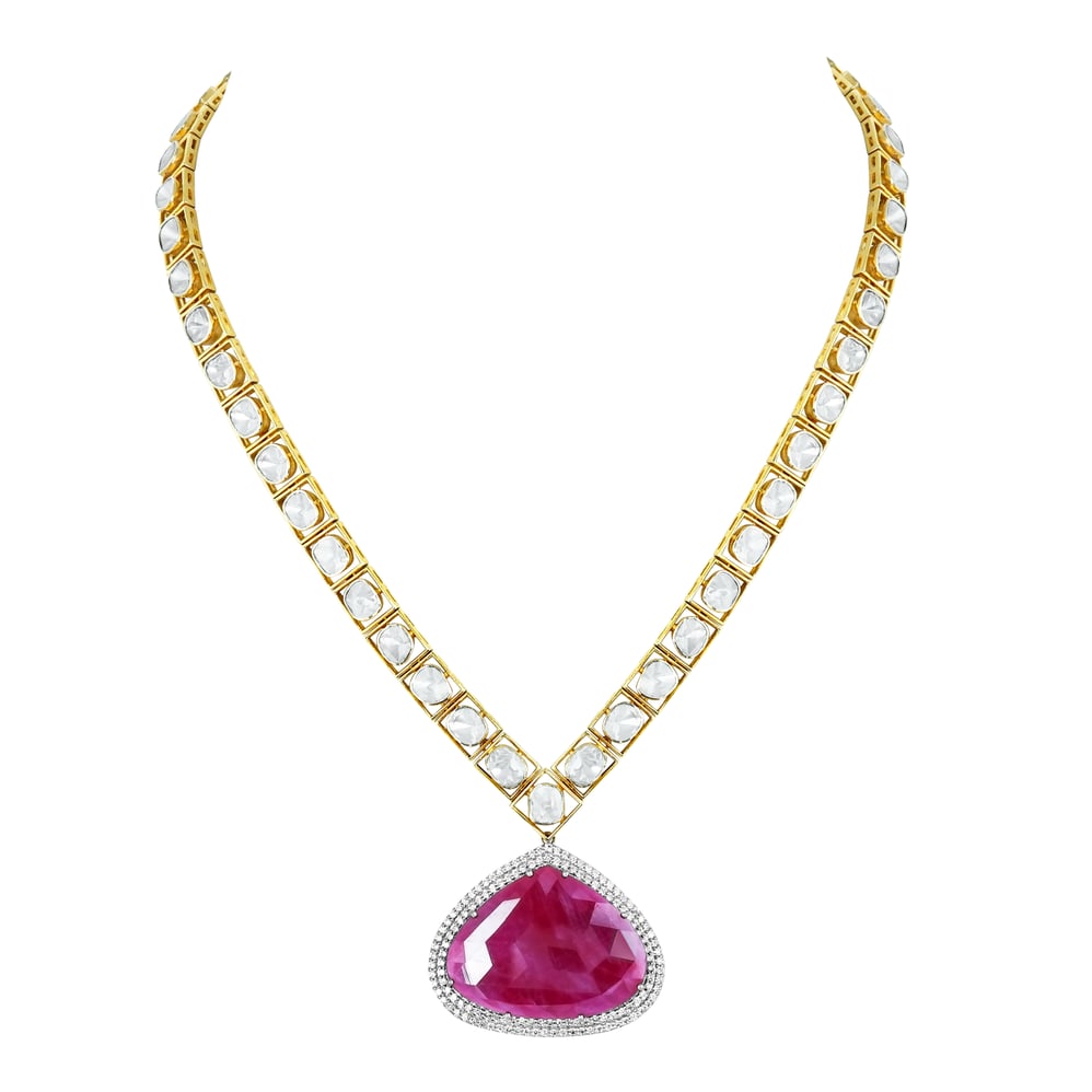 Ruby Polki Pendant Necklace Set with Diamond Halo