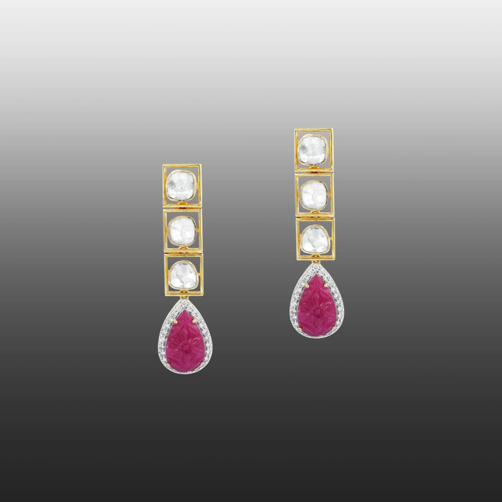 Teardrop Ruby Polki Earrings with Diamond Halo