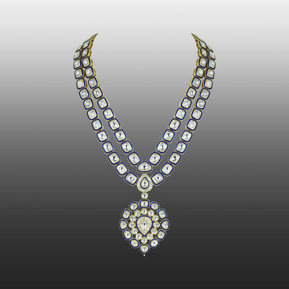 Dual-Layer Polki Necklace with Blue Enamel
