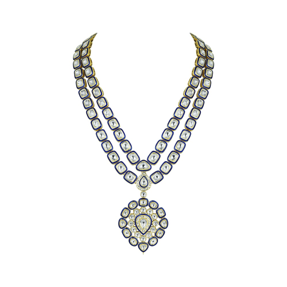 Dual-Layer Polki Necklace with Blue Enamel