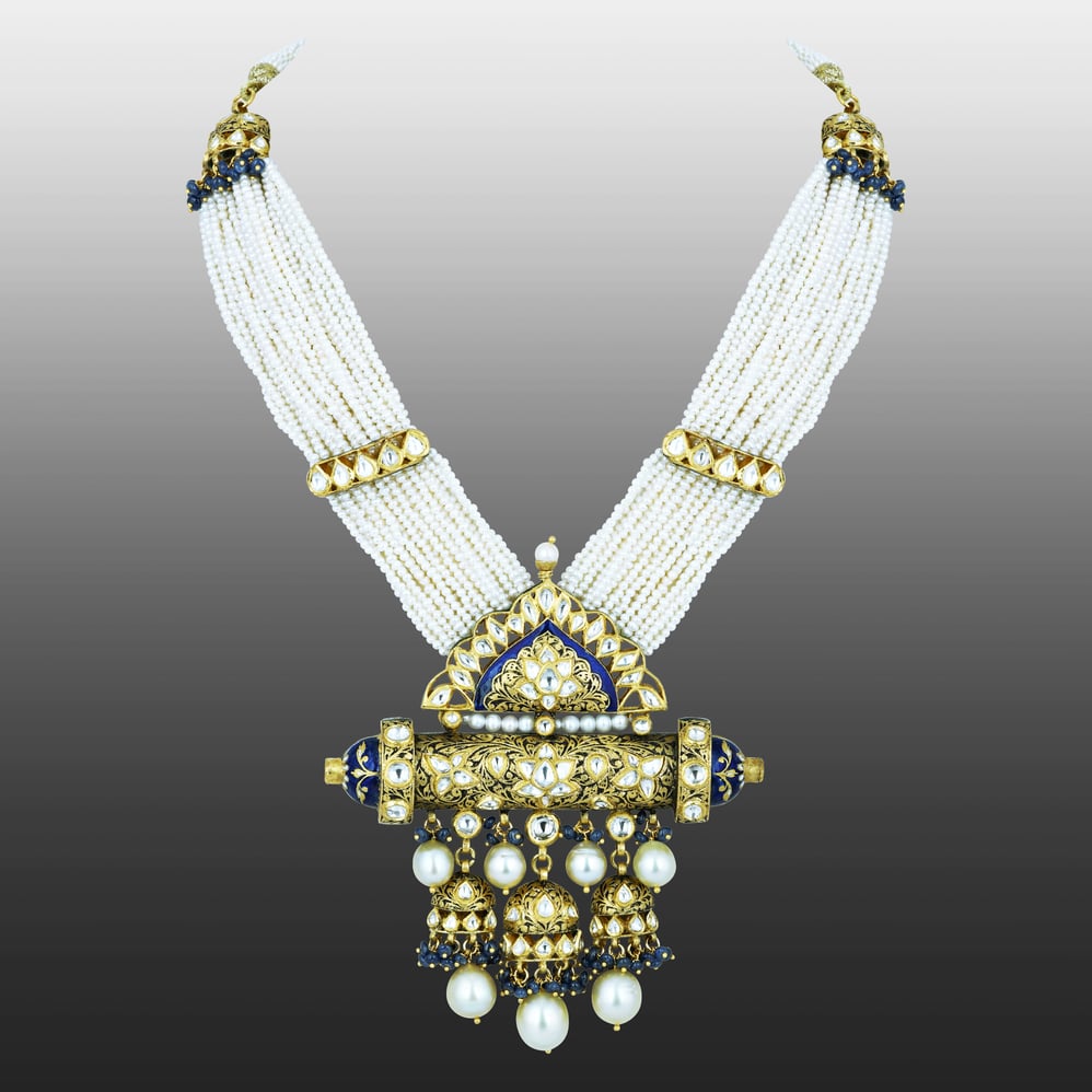 Pearl Strand Necklace with Polki Pendant and Blue Enamel