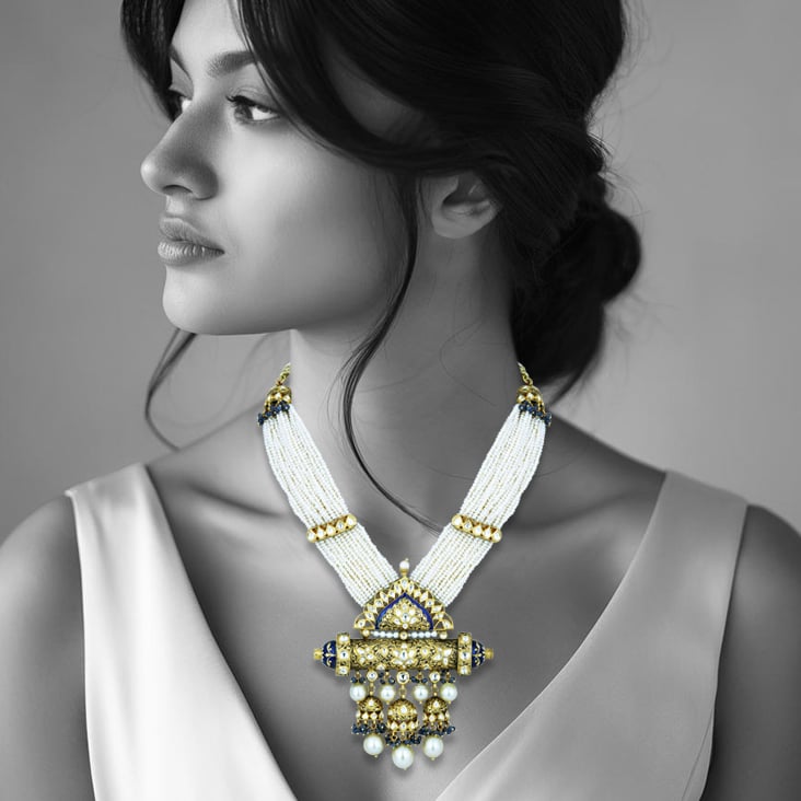 Pearl Strand Necklace with Polki Pendant and Blue Enamel