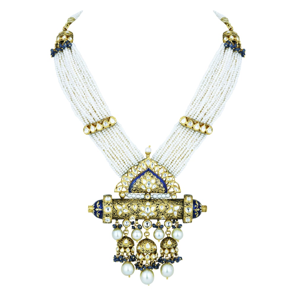 Pearl Strand Necklace with Polki Pendant and Blue Enamel