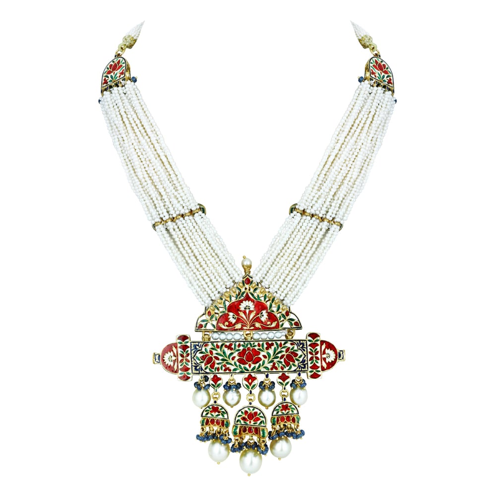Pearl Strand Necklace with Polki Pendant and Blue Enamel