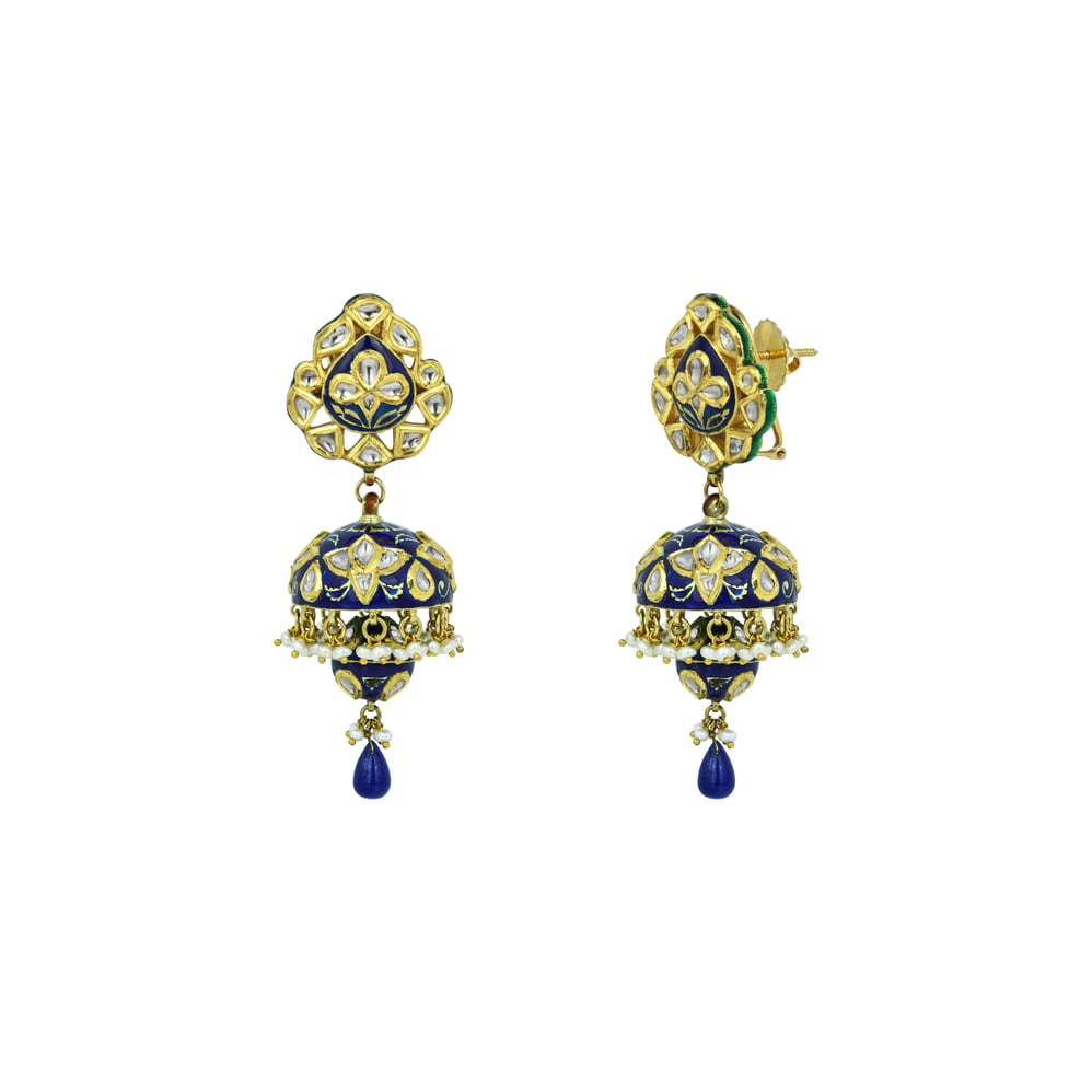 Blue Enamel Polki Jhumkas with Pearl Clusters