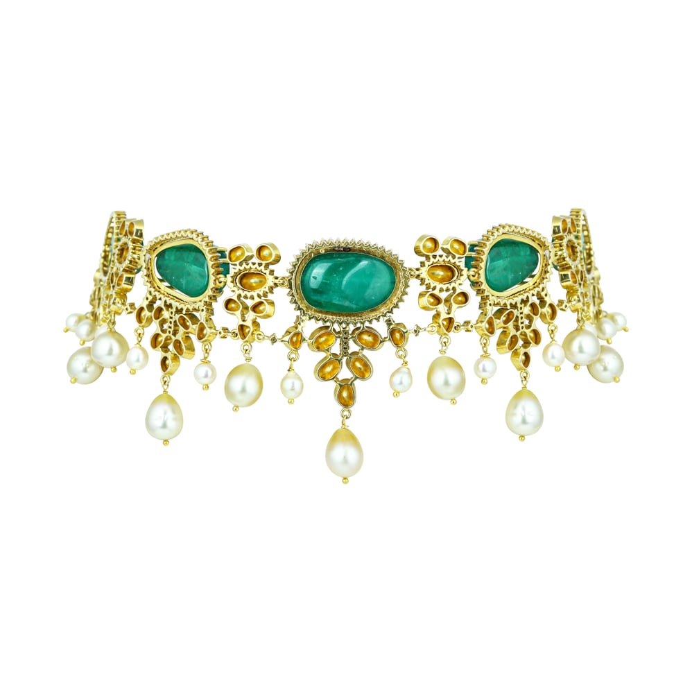 Victorian Emerald and Polki Choker with Southsea Pearl Drops