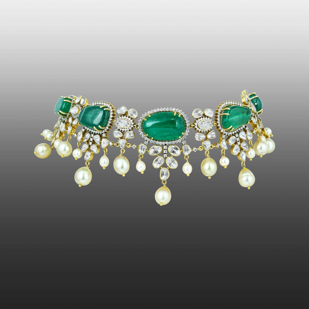 Victorian Emerald and Polki Choker with Southsea Pearl Drops
