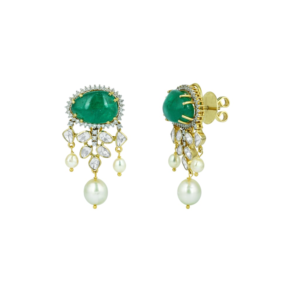 Emerald Earrings with Diamond Halo and Southsea Pearl Drops