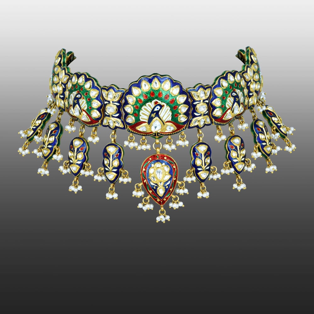 Peacock Motif Choker with Polkis and Enamel Detailing