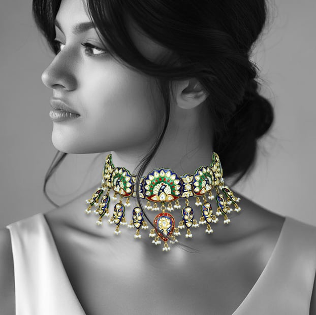 Peacock Motif Choker with Polkis and Enamel Detailing