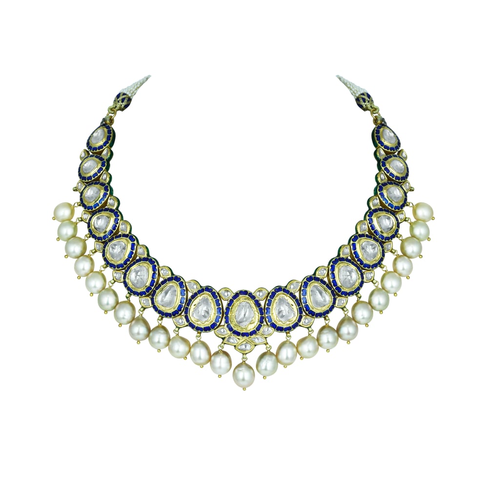 Blue Enamel Polki Necklace with Southsea Pearl Elegance