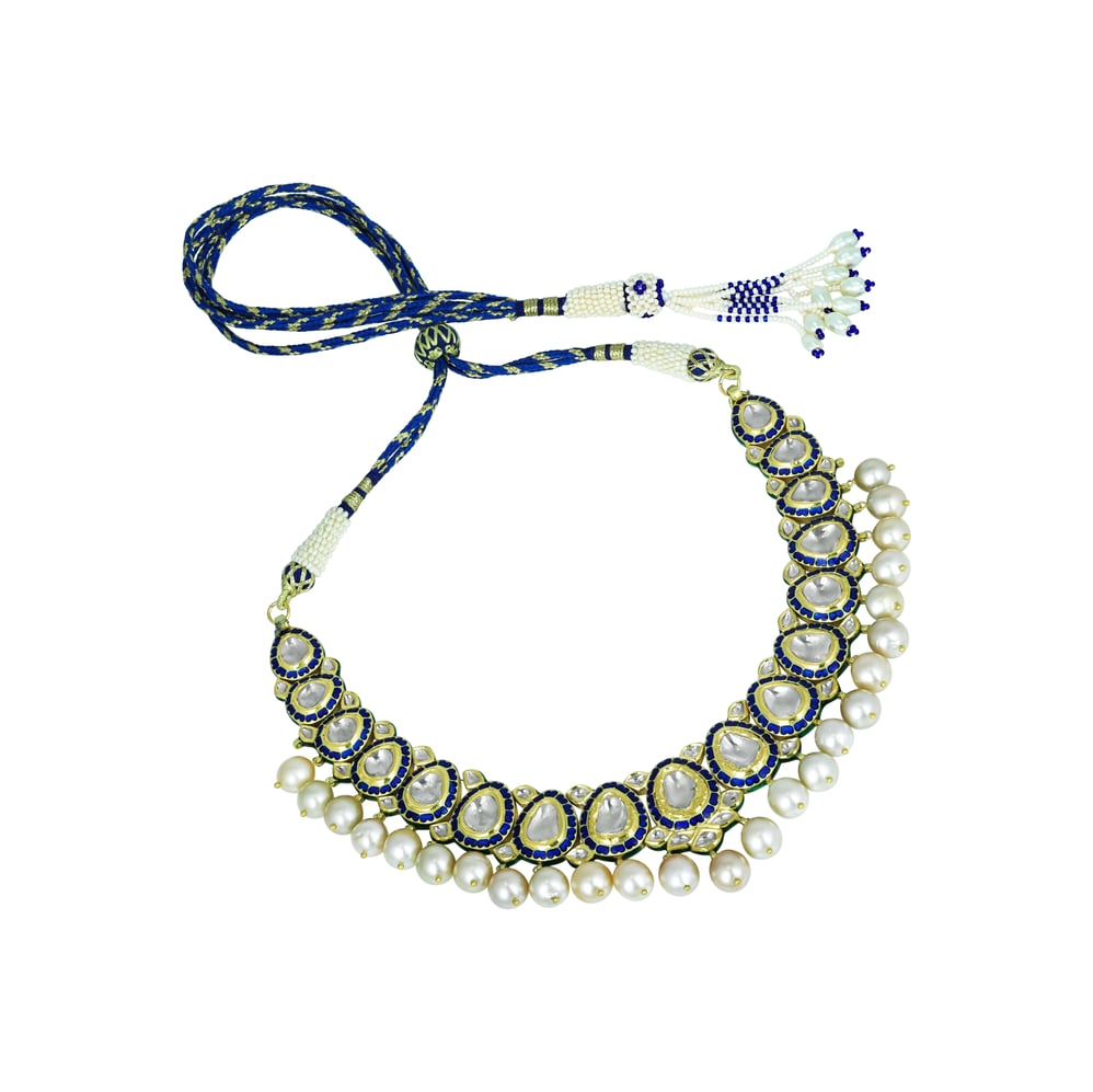 Blue Enamel Polki Necklace with Southsea Pearl Elegance