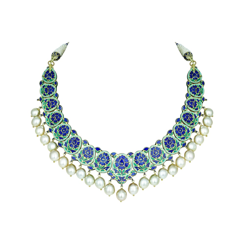 Blue Enamel Polki Necklace with Southsea Pearl Elegance