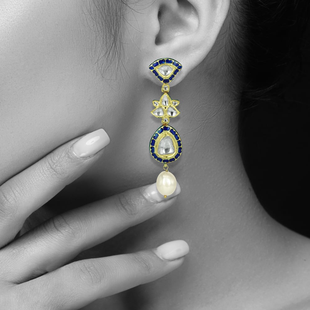 Teardrop Polki Earrings with Deep Blue Enamel