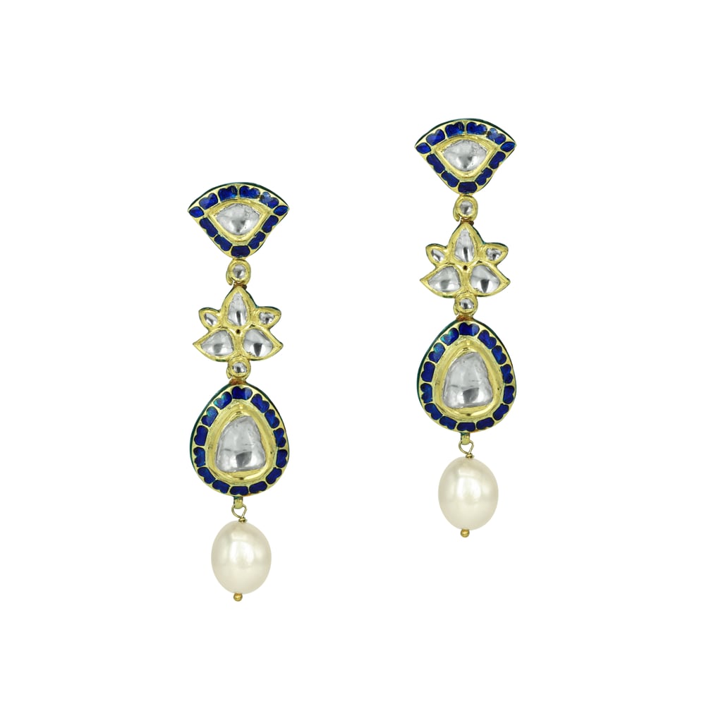 Teardrop Polki Earrings with Deep Blue Enamel