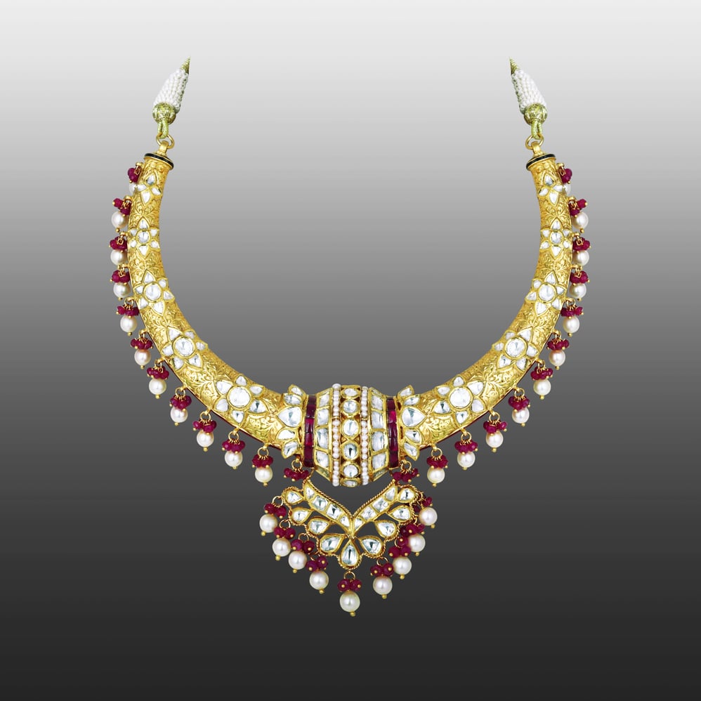 Hasli Necklace with Polki, Ruby Beads, and Pearls