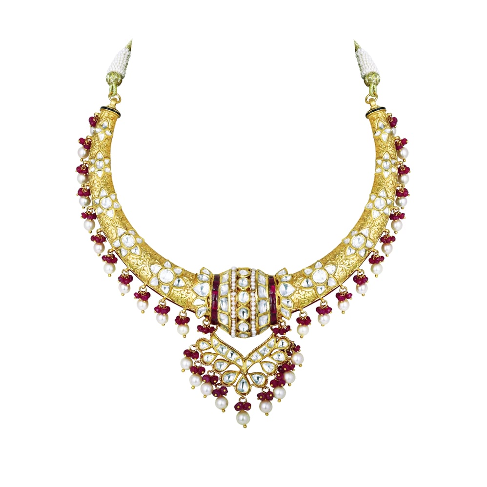 Hasli Necklace with Polki, Ruby Beads, and Pearls
