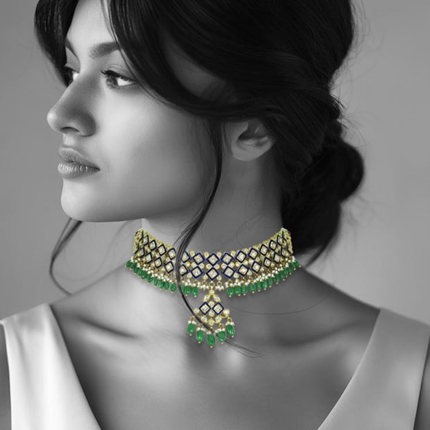 Blue Enamel Polki Choker with Emerald Maniyas and Pearl Clusters