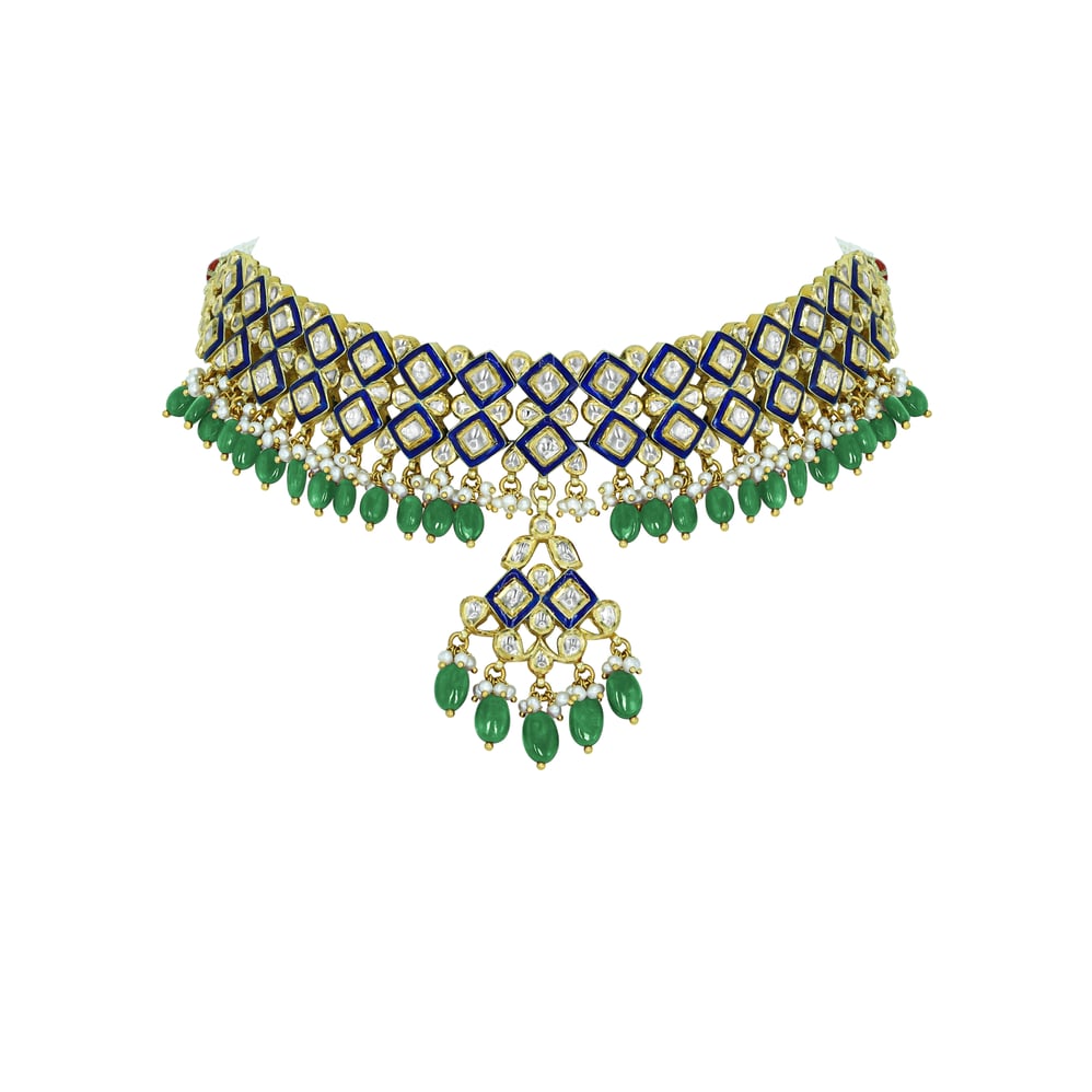 Blue Enamel Polki Choker with Emerald Maniyas and Pearl Clusters