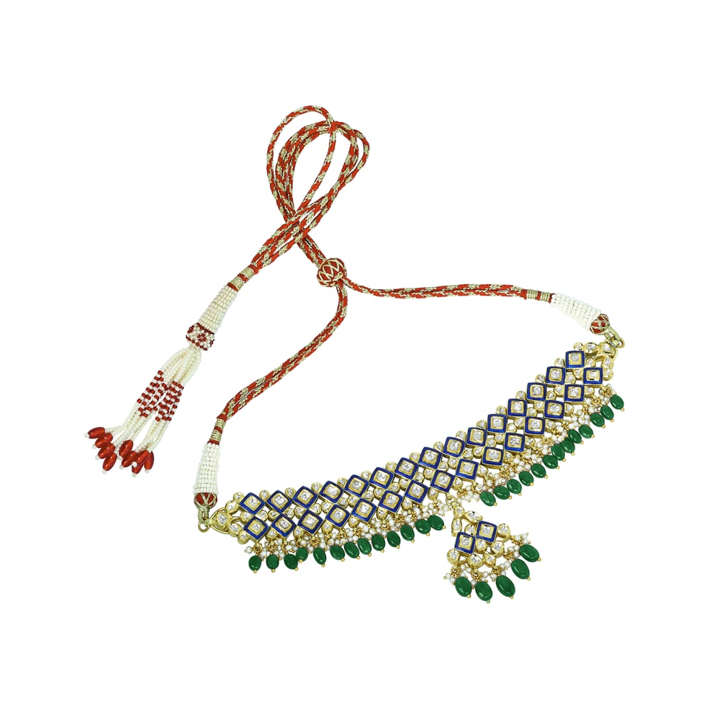 Blue Enamel Polki Choker with Emerald Maniyas and Pearl Clusters