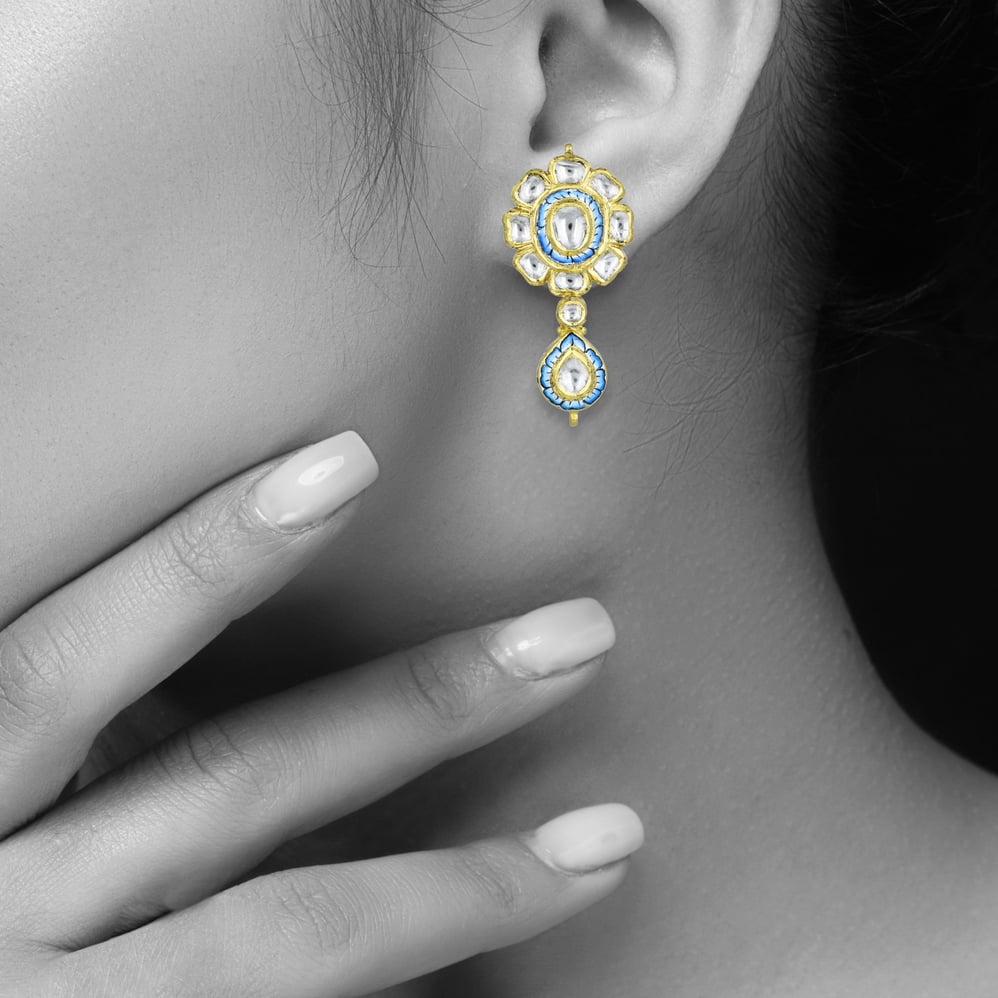 Turquoise Enamel Polki Floral Earrings