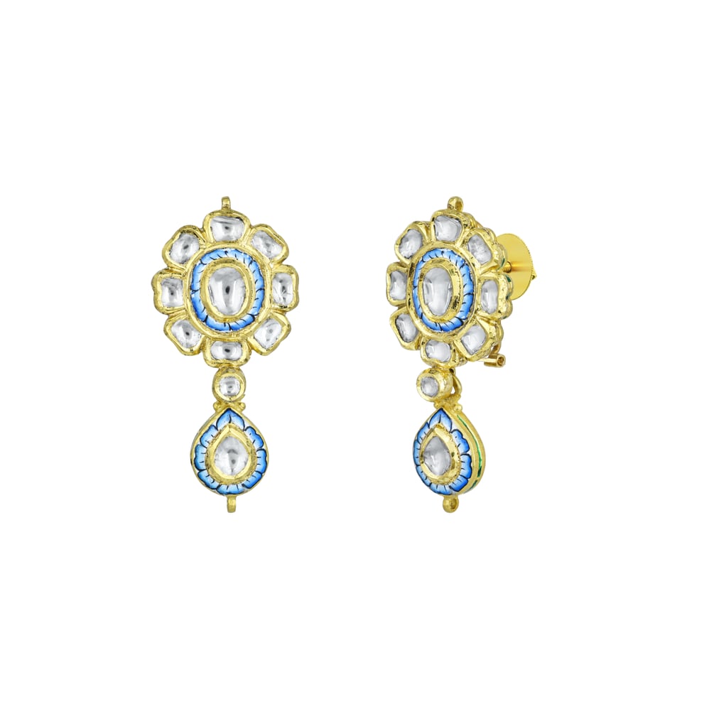 Turquoise Enamel Polki Floral Earrings